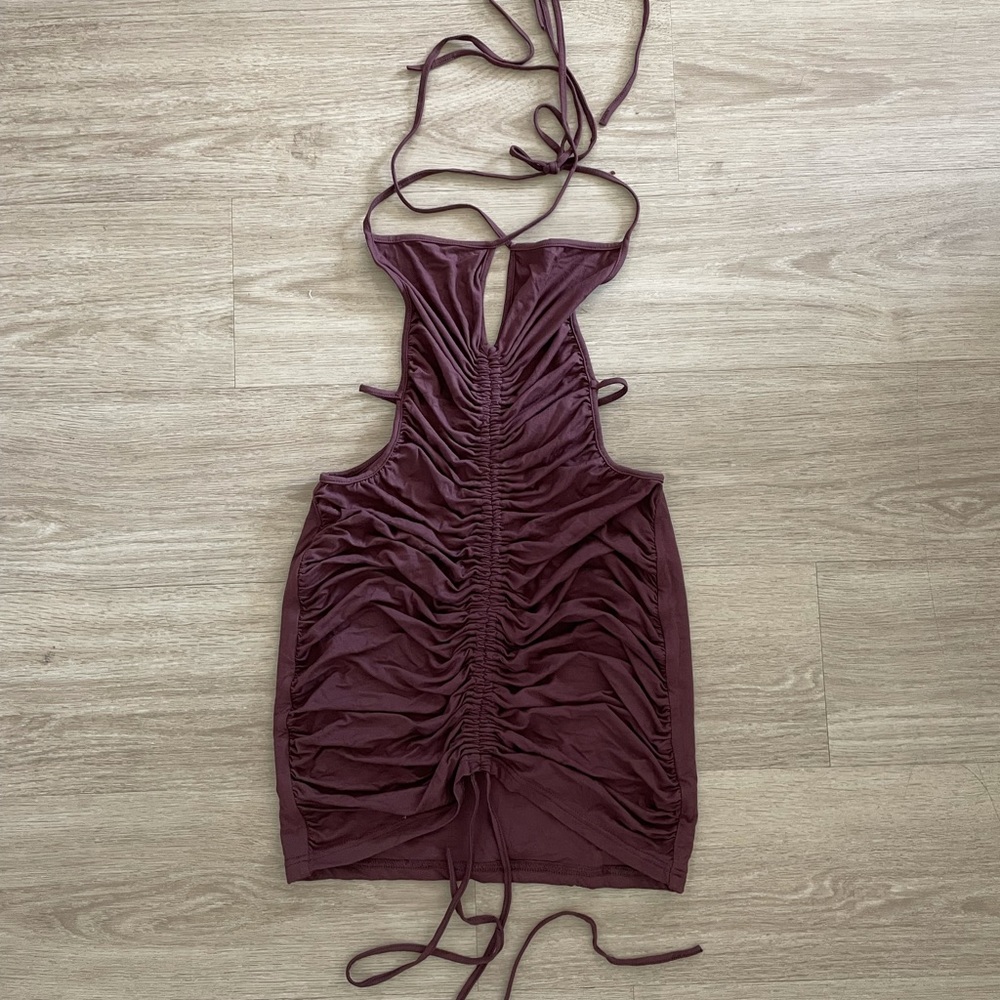 SHEIN Brown Drawstring Ruched Open Back Bodycon Dress - Picture 2 of 7